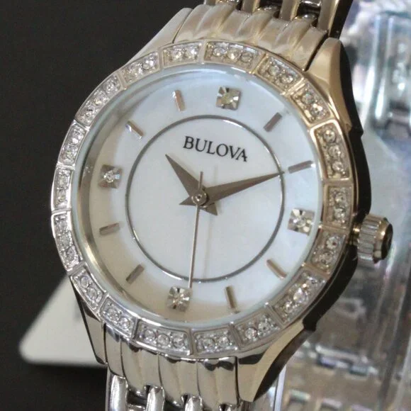 Bulova Ladies Crystal Bezel Watch MOP Dial Crystal Indicese 27mm - Picture 10 of 13
